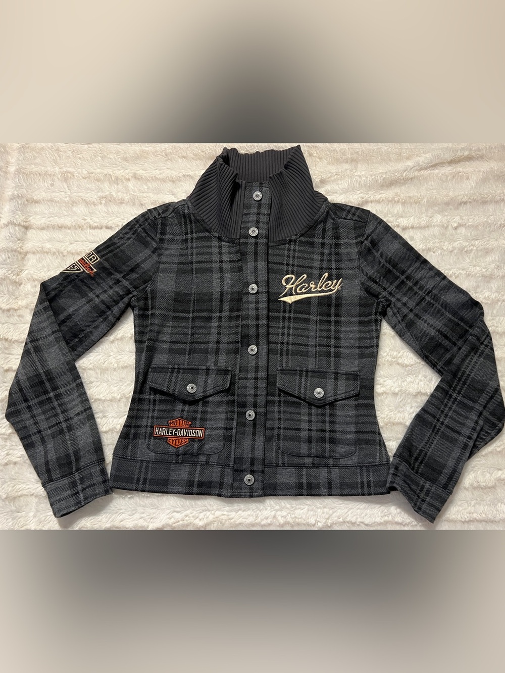 Vintage Harley-Davidson Woman’s Small, gray plaid cropped jacket, Y2K, excellent - Picture 2 of 16